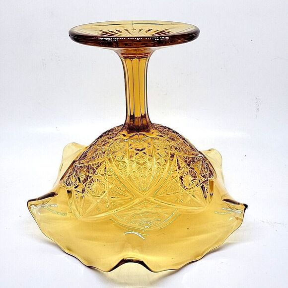 Imperial Glass Hobstar Amber Compote Pedestal Compote  Ruffled Bowl Candy Dish - Picture 2 of 7